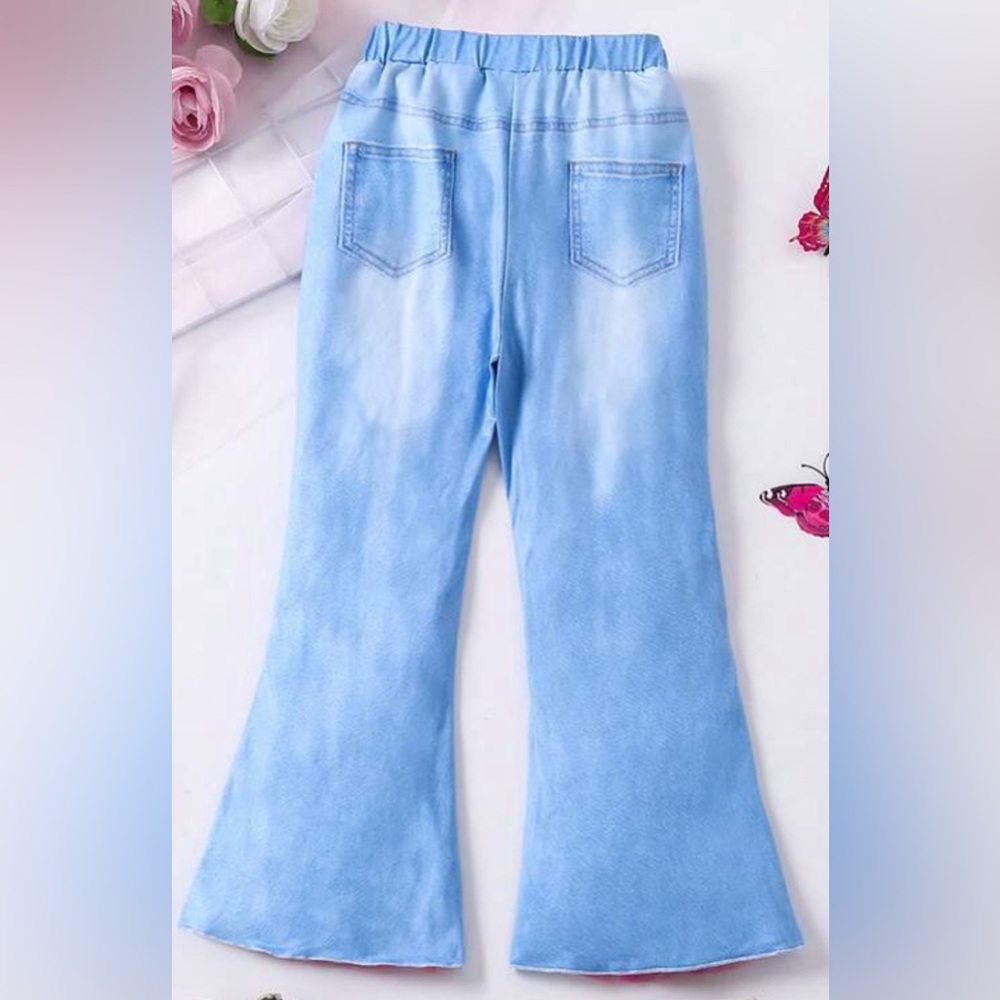 BNIB Young Girls Cartoon Girl Butterfly Print Bell Bottom Indigo Jeans Pants 6 Y - Picture 3 of 15